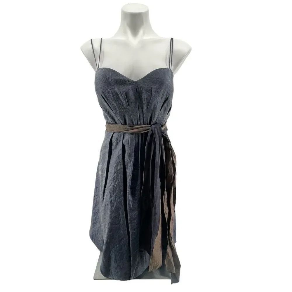 JS Collections Women’s Metallic Blue Brown Sleeveless Belted Bubble Hem Dress 16